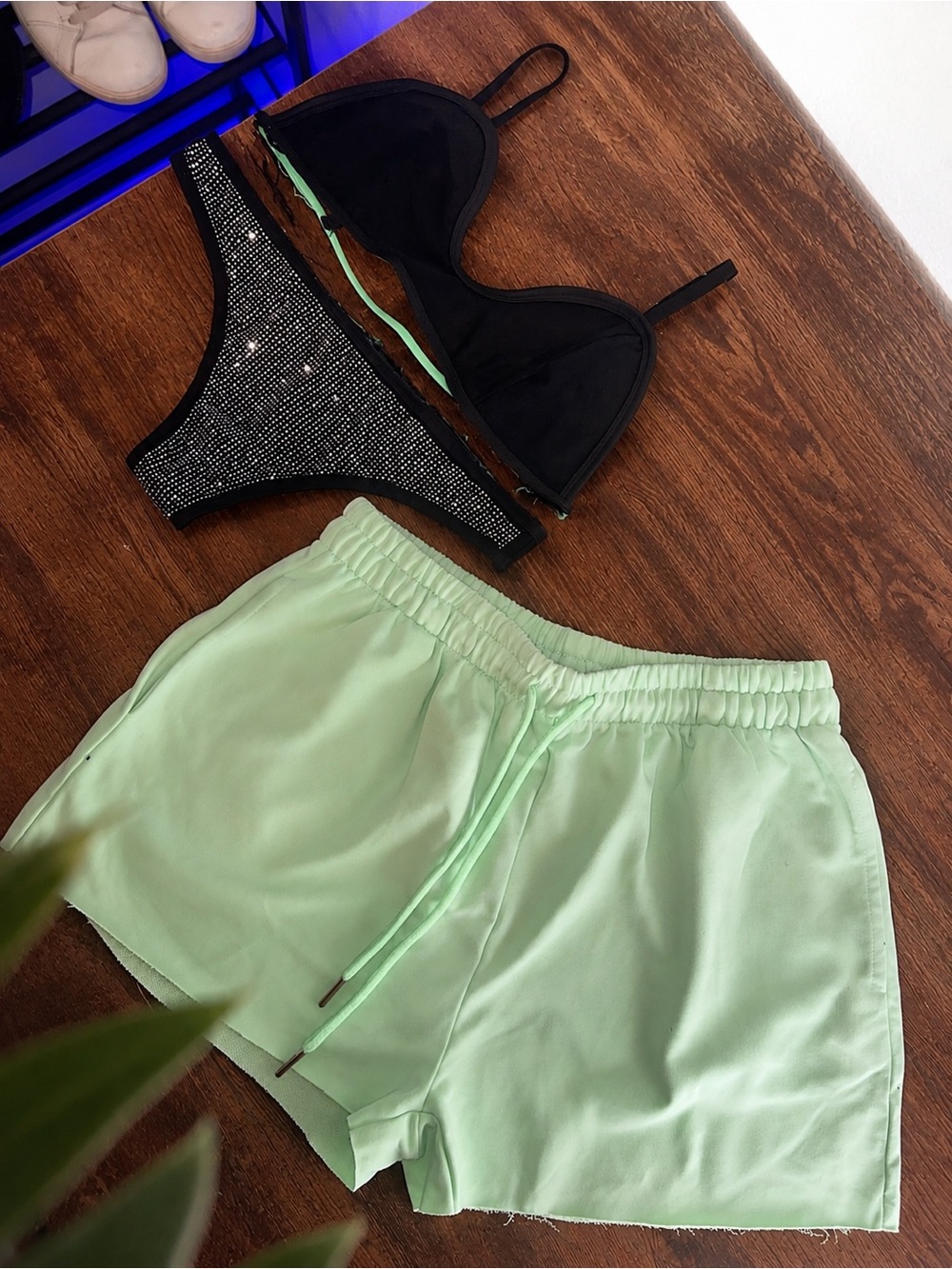 Black Rhinestone Lingerie & Mint Green Drawstring Shorts